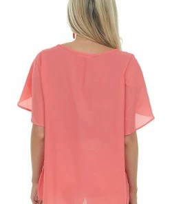 FSL APPAREL Bright Coral Short Tulip Sleeve Woven Top