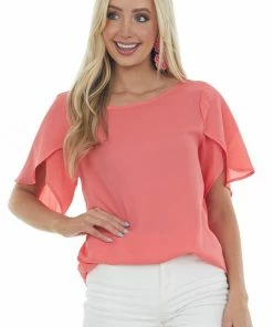 FSL APPAREL Bright Coral Short Tulip Sleeve Woven Top