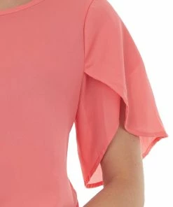 FSL APPAREL Bright Coral Short Tulip Sleeve Woven Top