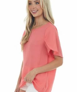 FSL APPAREL Bright Coral Short Tulip Sleeve Woven Top