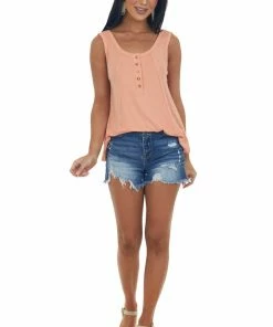 Davi & Dani Tops Bright Melon Henley Flowy Ribbed Knit Tank Top