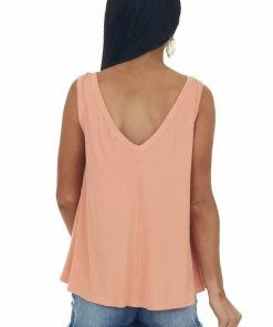 Davi & Dani Tops Bright Melon Henley Flowy Ribbed Knit Tank Top