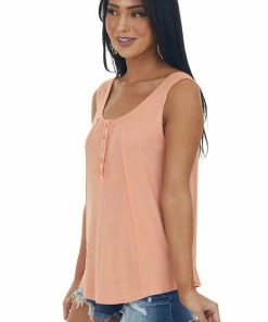 Davi & Dani Tops Bright Melon Henley Flowy Ribbed Knit Tank Top