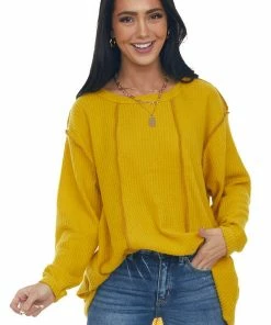 BiBi Bright Mustard Long Sleeve Brushed Waffle Knit Top