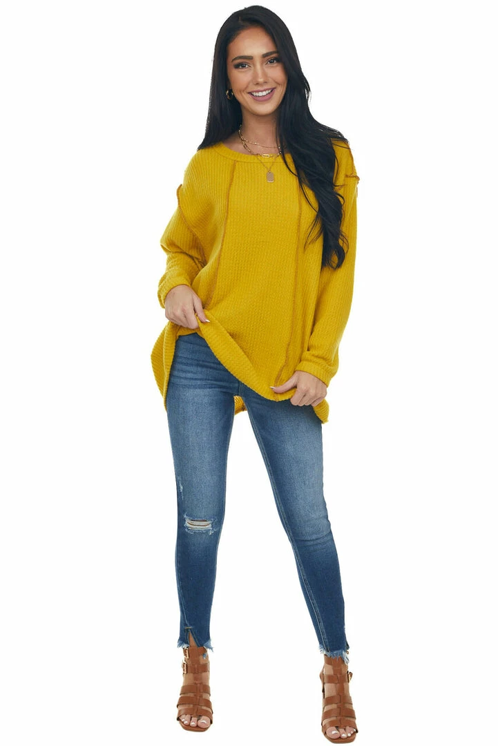 BiBi Bright Mustard Long Sleeve Brushed Waffle Knit Top 7 BiBi Bright Mustard Long Sleeve Brushed Waffle Knit Top