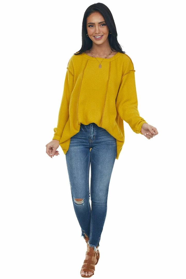 BiBi Bright Mustard Long Sleeve Brushed Waffle Knit Top 5 BiBi Bright Mustard Long Sleeve Brushed Waffle Knit Top