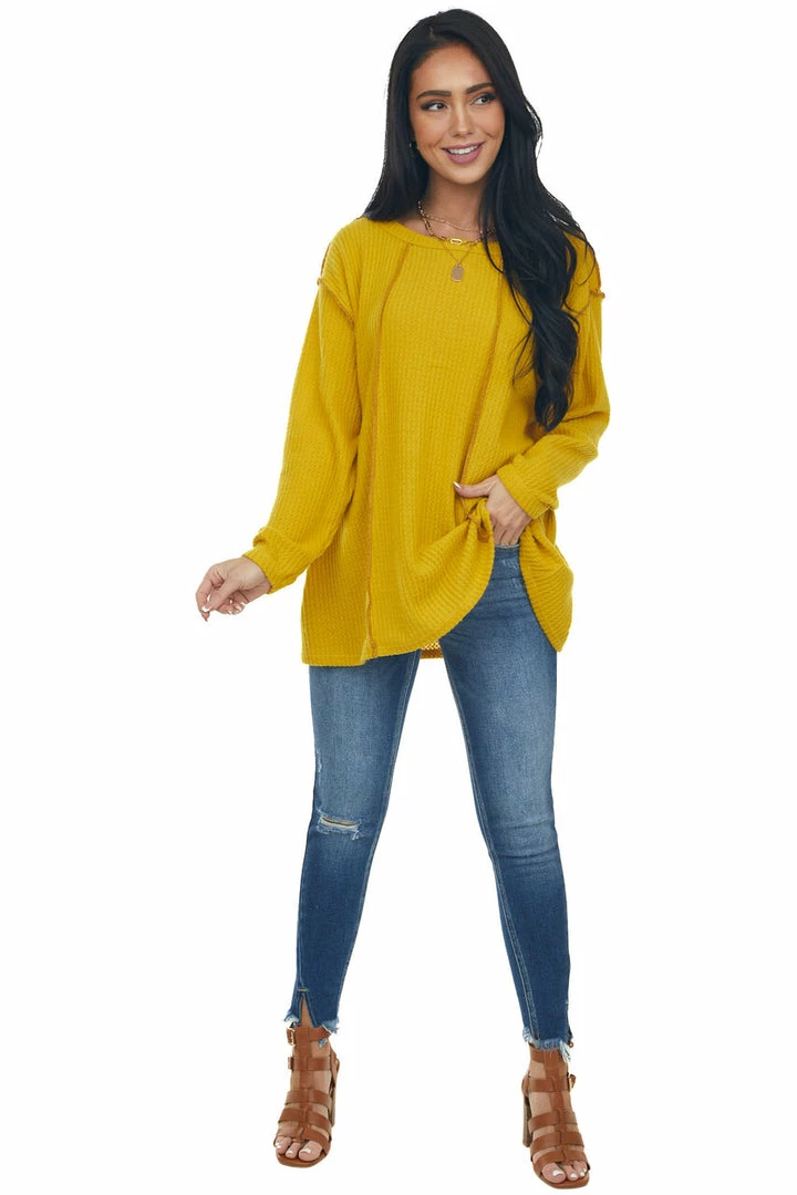 BiBi Bright Mustard Long Sleeve Brushed Waffle Knit Top 6 BiBi Bright Mustard Long Sleeve Brushed Waffle Knit Top