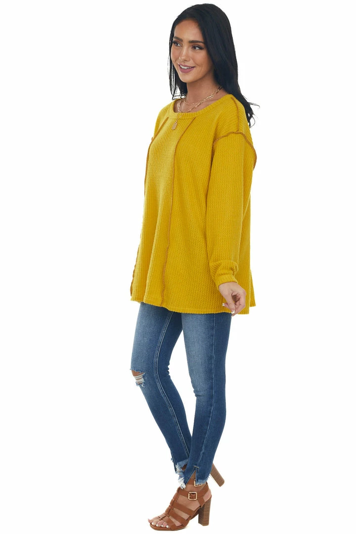 BiBi Bright Mustard Long Sleeve Brushed Waffle Knit Top 8 BiBi Bright Mustard Long Sleeve Brushed Waffle Knit Top