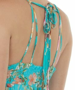 Timing Bright Teal Floral V Neck Sleeveless Maxi Dress