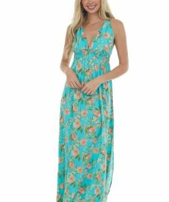 Timing Bright Teal Floral V Neck Sleeveless Maxi Dress