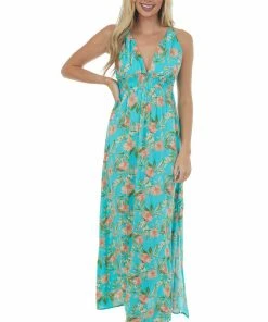 Timing Bright Teal Floral V Neck Sleeveless Maxi Dress
