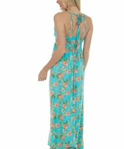Timing Bright Teal Floral V Neck Sleeveless Maxi Dress