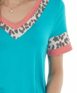 Lovely Melody Bright Teal Ringer V Neck Top With Leopard Print Contrast Tops 25 Lovely Melody Bright Teal Ringer V Neck Top With Leopard Print Contrast Tops