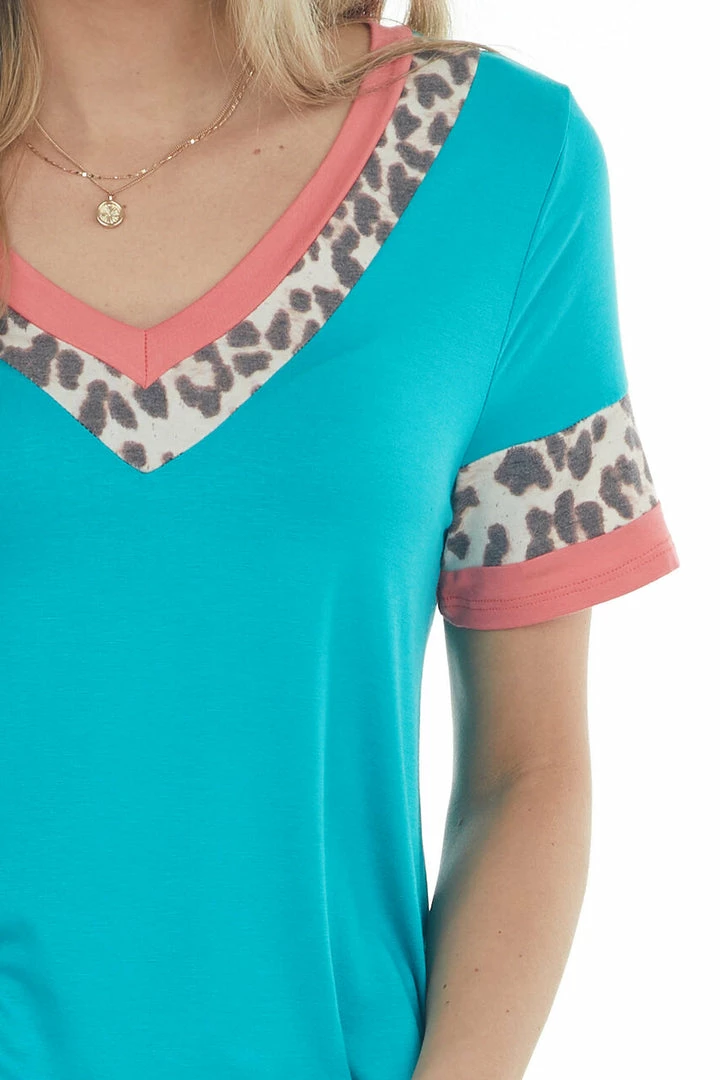 Lovely Melody Bright Teal Ringer V Neck Top With Leopard Print Contrast Tops 10 Lovely Melody Bright Teal Ringer V Neck Top With Leopard Print Contrast Tops