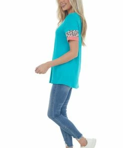 Lovely Melody Bright Teal Ringer V Neck Top With Leopard Print Contrast Tops 23 Lovely Melody Bright Teal Ringer V Neck Top With Leopard Print Contrast Tops