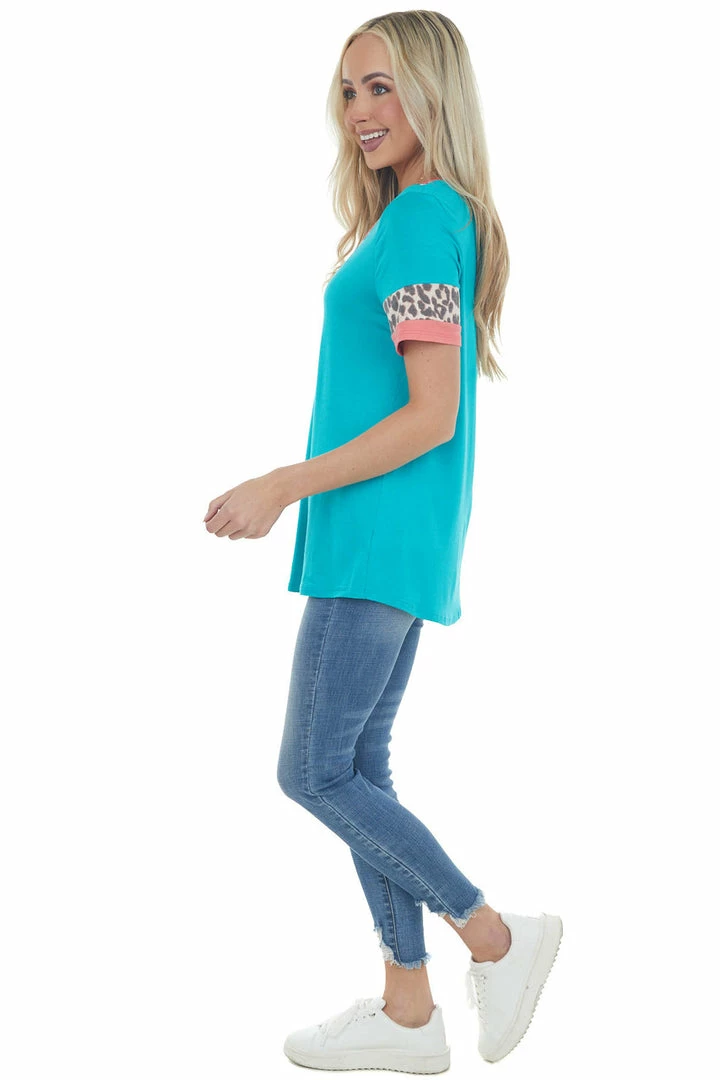 Lovely Melody Bright Teal Ringer V Neck Top With Leopard Print Contrast Tops 8 Lovely Melody Bright Teal Ringer V Neck Top With Leopard Print Contrast Tops