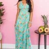 Timing Bright Teal Floral V Neck Sleeveless Maxi Dress