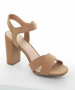 FORTUNE DYNAMIC Brown Sugar Criss Cross Strap Square Toe Heels Shoes