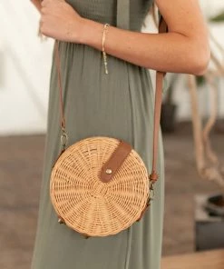 Fame Accessories Brown Sugar Rattan Woven Round Crossbody Bag
