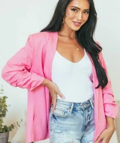 Eesome Bubblegum Linen Blazer With Shoulder Pads Outerwear
