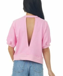 Umgee Bubblegum Ribbed Trim Open Back Puff Sleeve Top Tops
