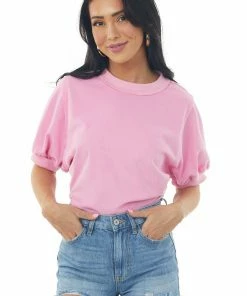 Umgee Bubblegum Ribbed Trim Open Back Puff Sleeve Top Tops