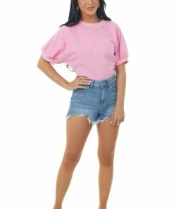 Umgee Bubblegum Ribbed Trim Open Back Puff Sleeve Top Tops