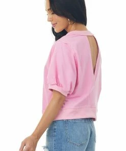 Umgee Bubblegum Ribbed Trim Open Back Puff Sleeve Top Tops
