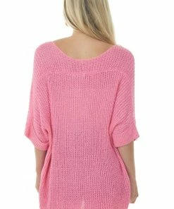 Ces Femme Bubblegum Rolled Cuff Loose Knit Top With Pocket Tops