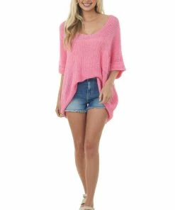 Ces Femme Bubblegum Rolled Cuff Loose Knit Top With Pocket Tops