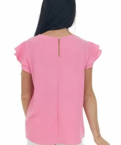 Ces Femme Bubblegum Ruffle Cap Sleeve Textured Woven Top