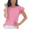 Ces Femme Bubblegum Ruffle Cap Sleeve Textured Woven Top
