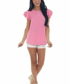 Ces Femme Bubblegum Ruffle Cap Sleeve Textured Woven Top