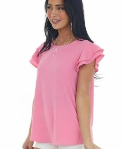 Ces Femme Bubblegum Ruffle Cap Sleeve Textured Woven Top
