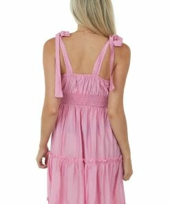 Umgee Bubblegum Shoulder Tie Strap Ruffle Tiered Dress Dresses
