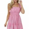 Umgee Bubblegum Shoulder Tie Strap Ruffle Tiered Dress Dresses