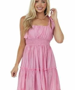 Umgee Bubblegum Shoulder Tie Strap Ruffle Tiered Dress Dresses