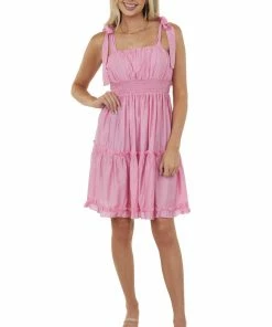 Umgee Bubblegum Shoulder Tie Strap Ruffle Tiered Dress Dresses