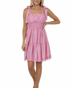 Umgee Bubblegum Shoulder Tie Strap Ruffle Tiered Dress Dresses