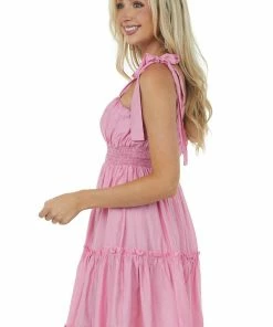 Umgee Bubblegum Shoulder Tie Strap Ruffle Tiered Dress Dresses
