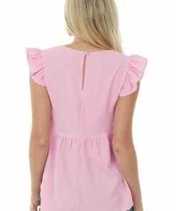 She + Sky Tops Bubblegum Textured Babydoll Ruffle Sleeve Top