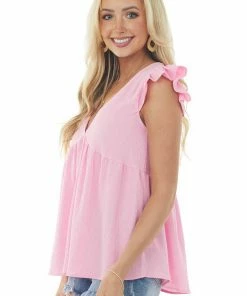 She + Sky Tops Bubblegum Textured Babydoll Ruffle Sleeve Top