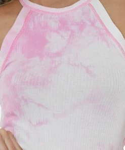 Aemi + Co Bubblegum Tie Dye Halter Neck Ribbed Tank Top Tops
