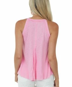 La Miel Bubblegum V Neck Raw Edge Ribbed Tank Top