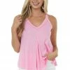 La Miel Bubblegum V Neck Raw Edge Ribbed Tank Top
