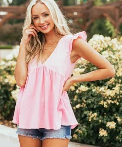She + Sky Tops Bubblegum Textured Babydoll Ruffle Sleeve Top