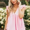 She + Sky Tops Bubblegum Textured Babydoll Ruffle Sleeve Top