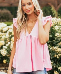 She + Sky Tops Bubblegum Textured Babydoll Ruffle Sleeve Top
