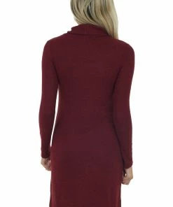 Heart & Hips Dresses Burgundy Brushed Knit Turtleneck Dress With Long Sleeves