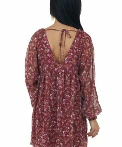 Peach Love Burgundy Floral Print Woven Silky Short Dress Dresses